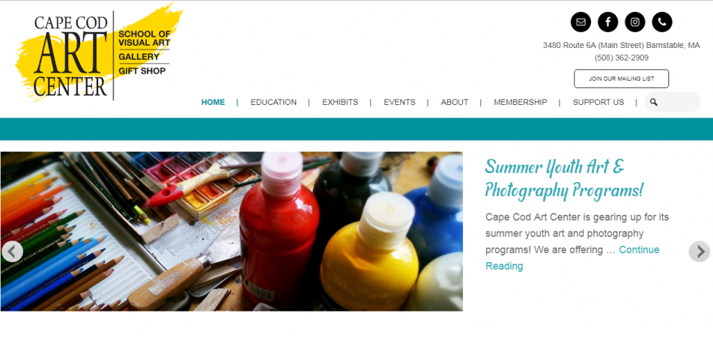 Screenshot of homepage of Cape Cod Art Center